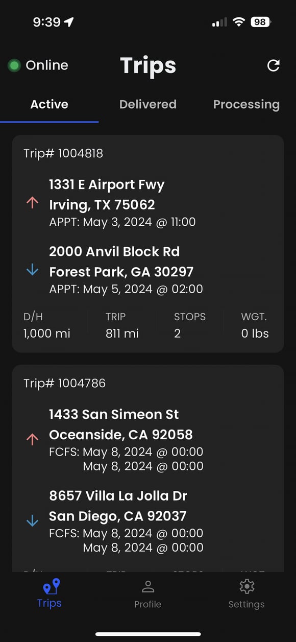 Home screen trip list.