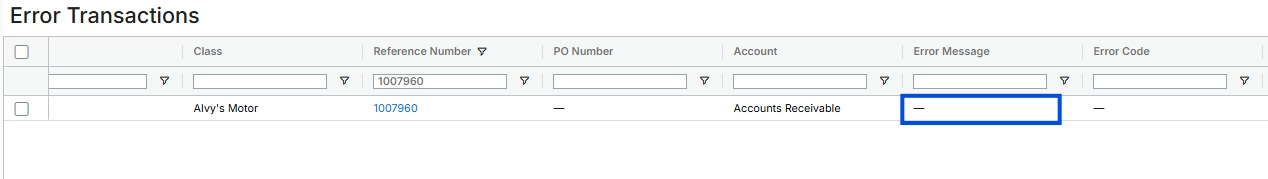 Screenshot showing the Error Transactions page with a queued (dash status) transaction.