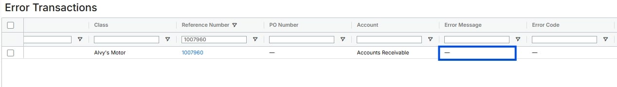 Screenshot showing the Error Transactions page with a queued (dash status) transaction.