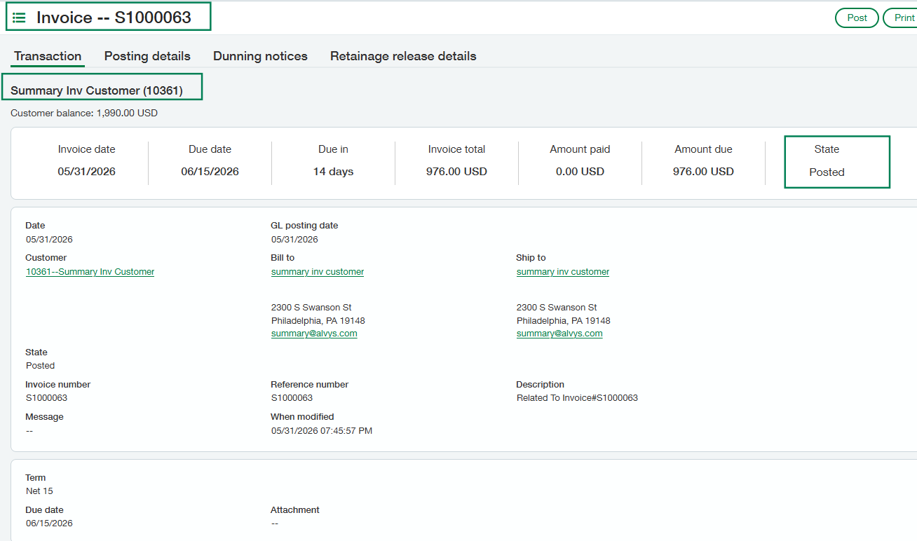 Displays the transaction view for Invoice -- S1000063 belonging to 'Summary Inv Customer,' highlighting its Posted status block.
