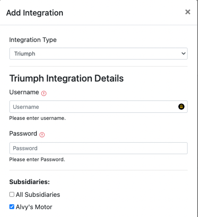 Credential entry form for Triumph FTP integration in the Add Integration pop-up