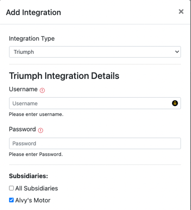 Credential entry form for Triumph FTP integration in the Add Integration pop-up