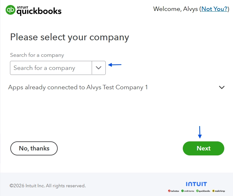 Intuit authorization page after clicking Connect.