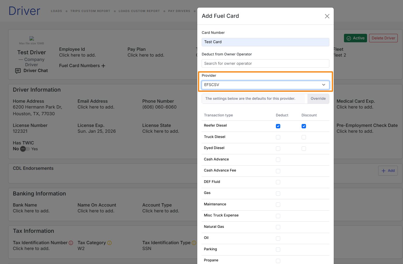 This image shows: a driver profile in Alvys with the “Add Fuel Card” form wit the following input fields: Card Number, Deduct from Owner Operator and Provider field with EFS selected.