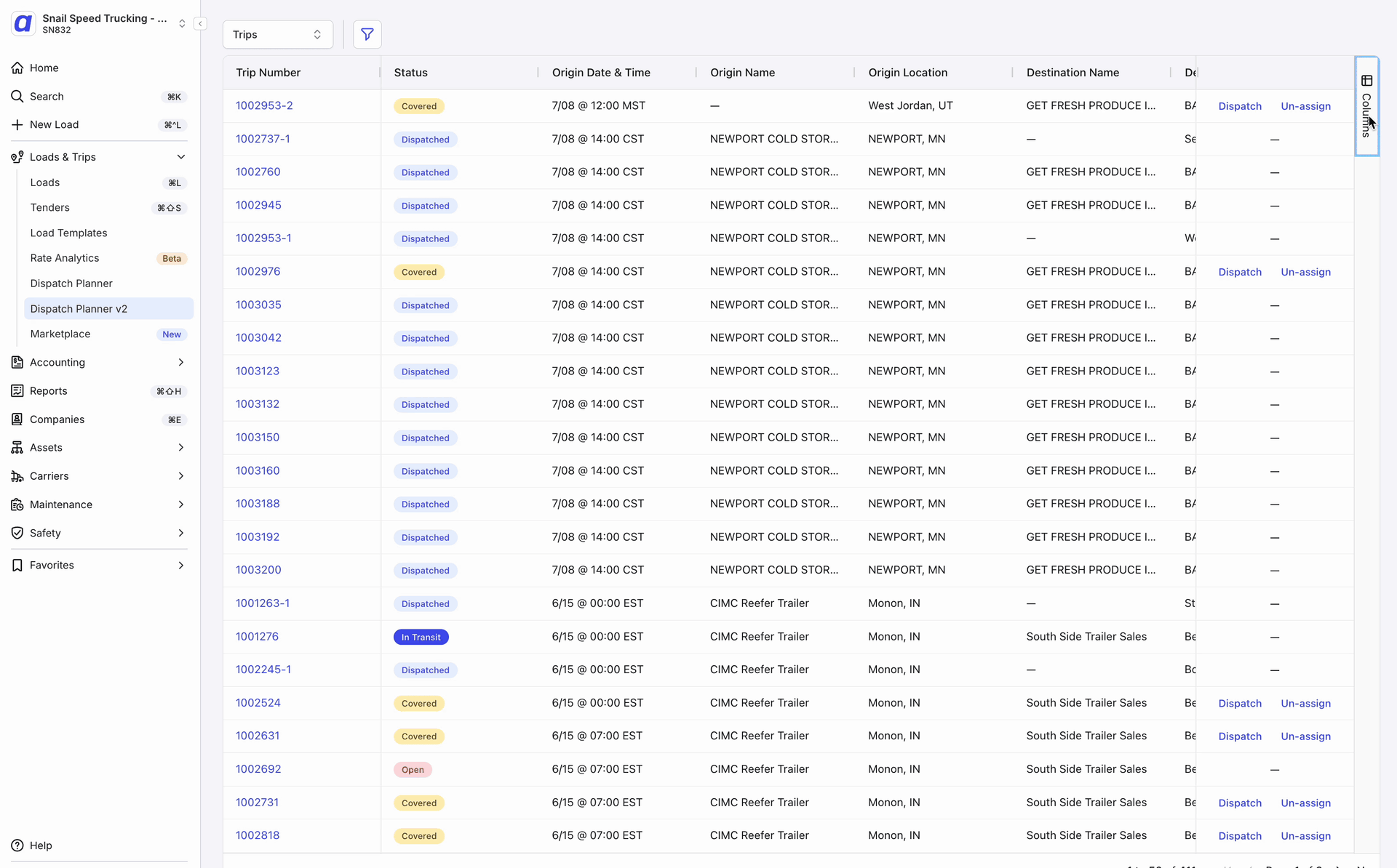 GIF showing the Trips table column configuration: opening the column menu, toggling columns on and off, and reordering them