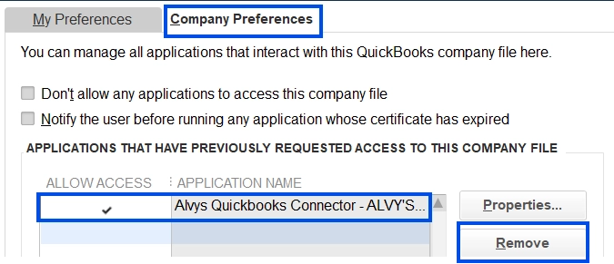 Screenshot of the QuickBooks Web Connector showing the Alvys entry with the Remove button.