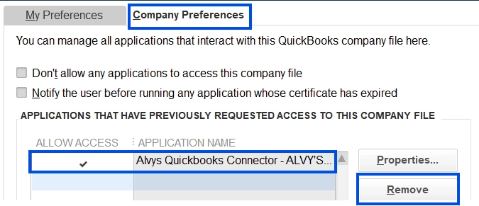 Screenshot of the QuickBooks Web Connector showing the Alvys entry with the Remove button.