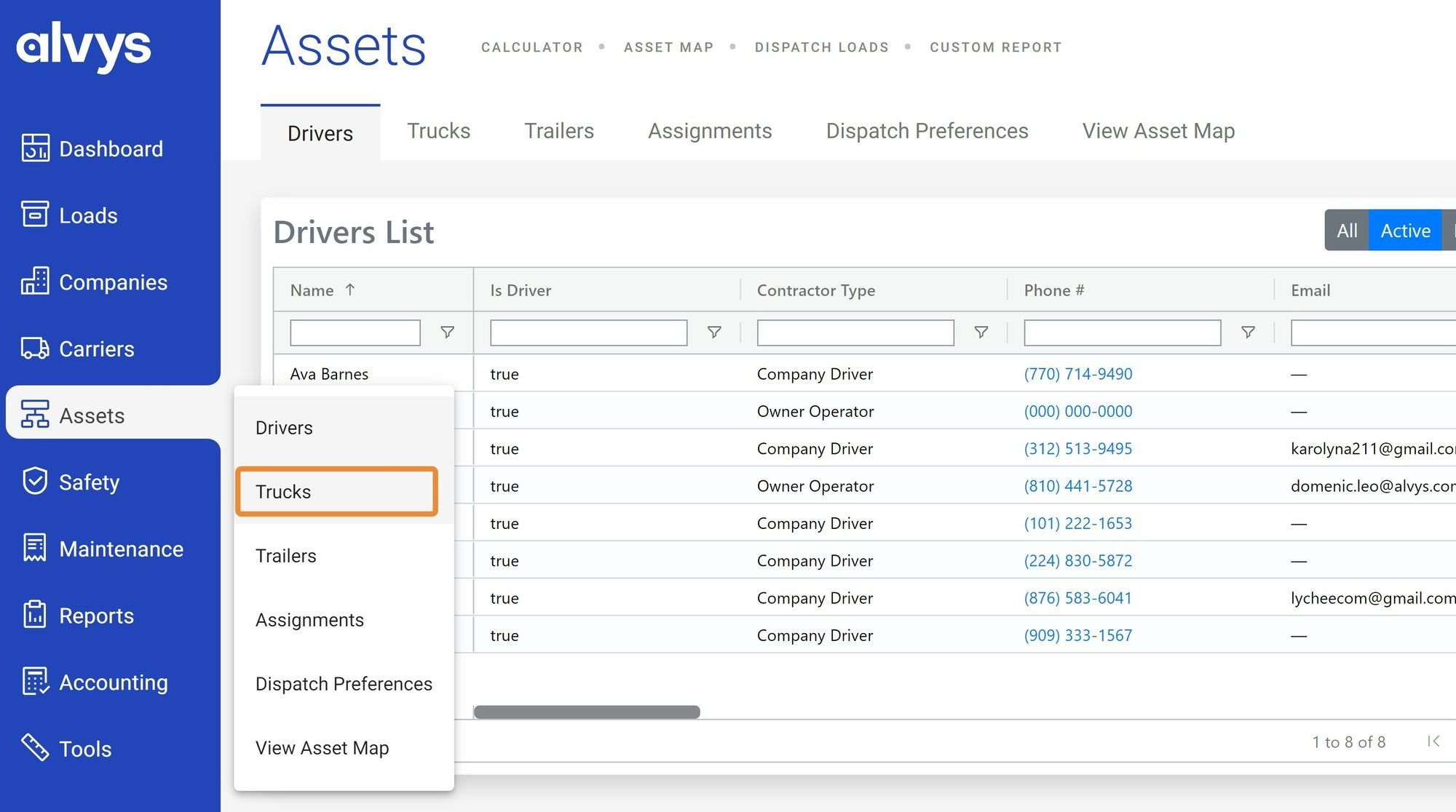 Shows the Assets menu in the left navigation bar with Trucks highlighted beneath Drivers.