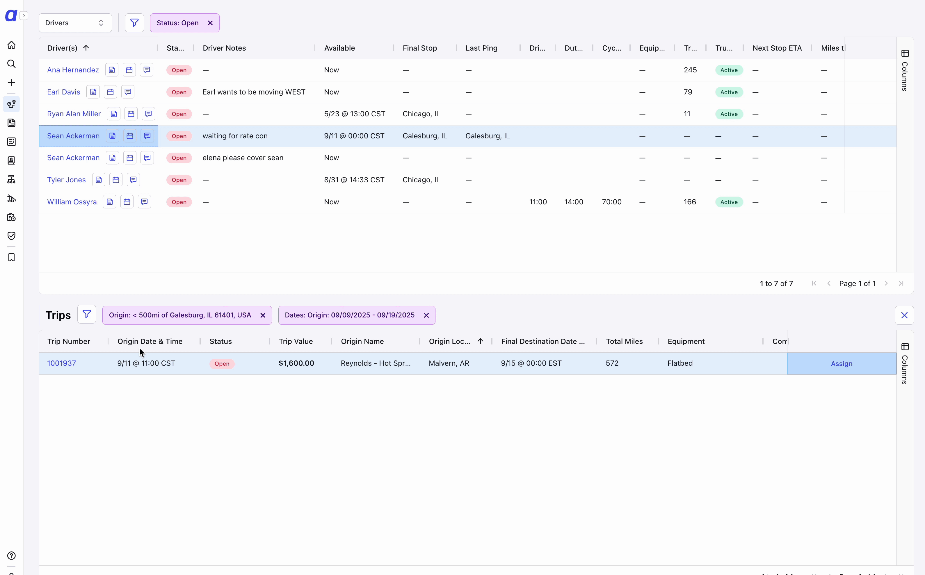 GIF showing the Trip Assignment flow: selecting a trip, reviewing the pinned suggestion in the assets table, and clicking Assign and dispatch