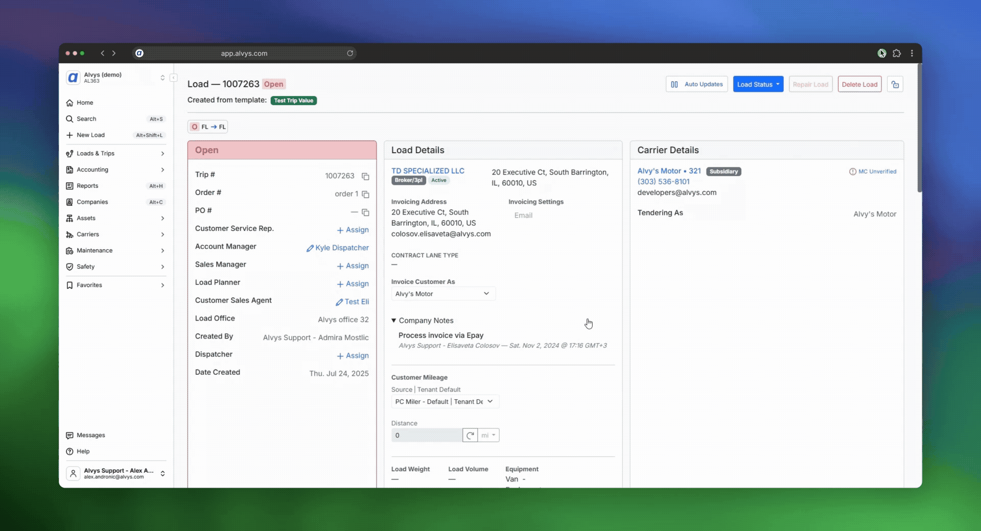Load management ribbon with action buttons and the Manage dropdown