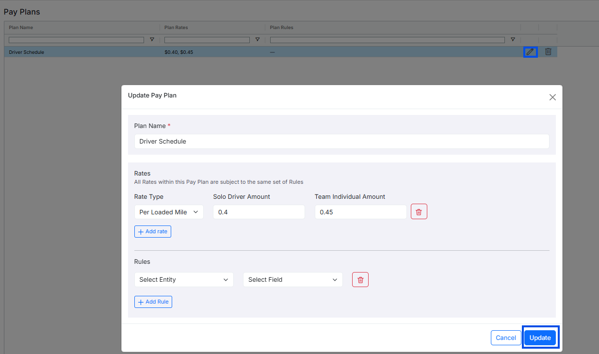 Delete Pay Plan confirmation dialog asking to confirm deletion of a pay plan