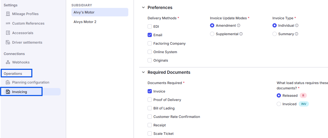 Image showing the Invoicing settings page in the Company/Tenant profile with the five configuration areas.
