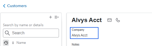 Shows the customer info layout in QBO with a blue box emphasizing the designated External Accounting Name ('Alvys Acct').