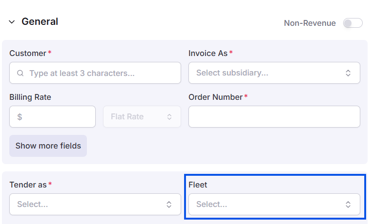 Image Displaying New load form with Fleet field