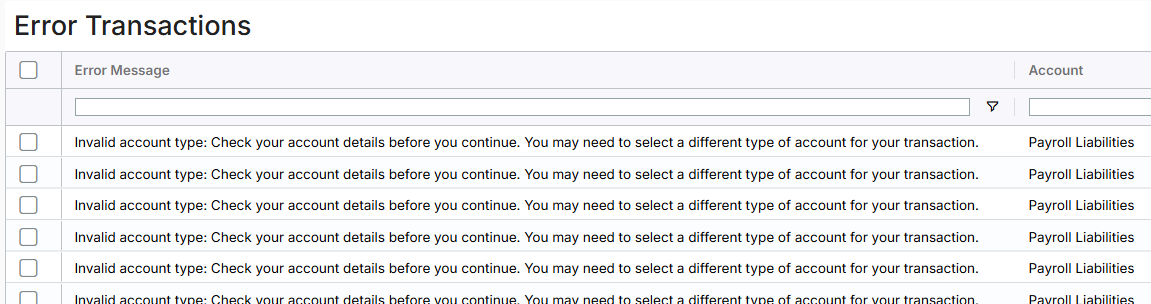Image displaying the Error Transactions page with the invalid account error for transactions.