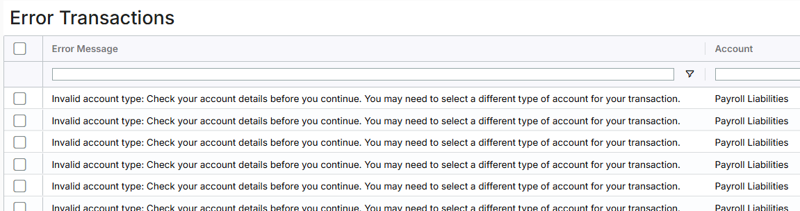 Image displaying the Error Transactions page with the invalid account error for transactions.