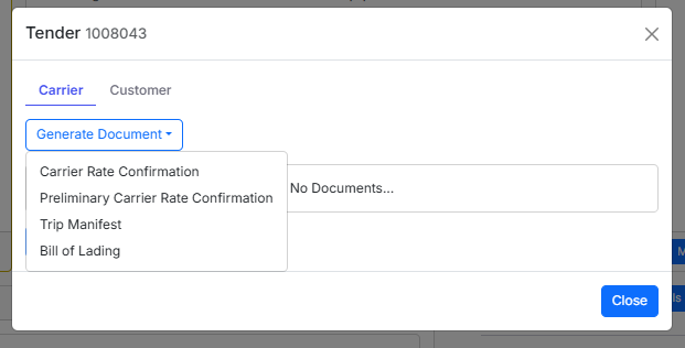 The Generate drop-down menu in the Tender panel showing the Preliminary Carrier Rate Confirmation option.