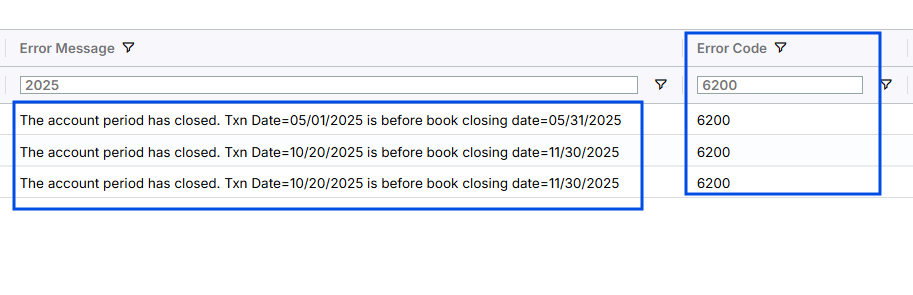 Image displaying the Error Transactions page with the closed accounting period error for transactions