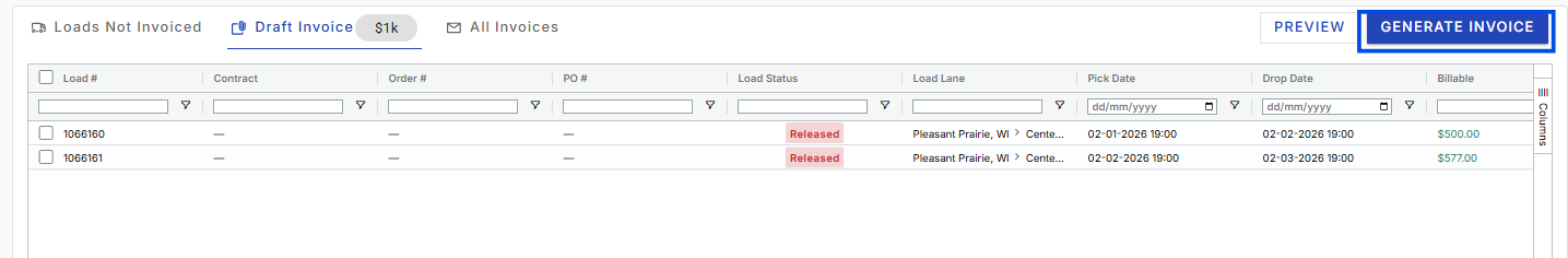 List of Draft Invoices with the “Generate Invoice” option available