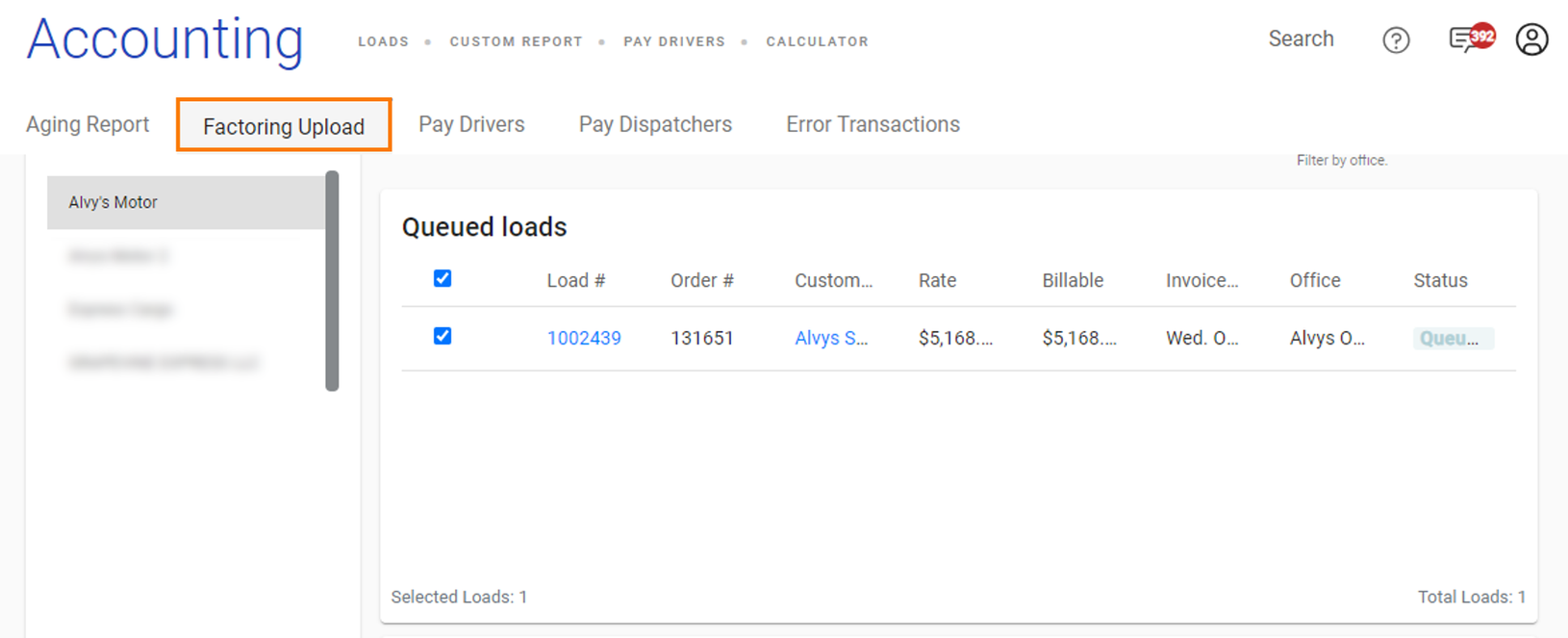 Invoice selection on the Factoring Upload page for an OTR Solutions batch