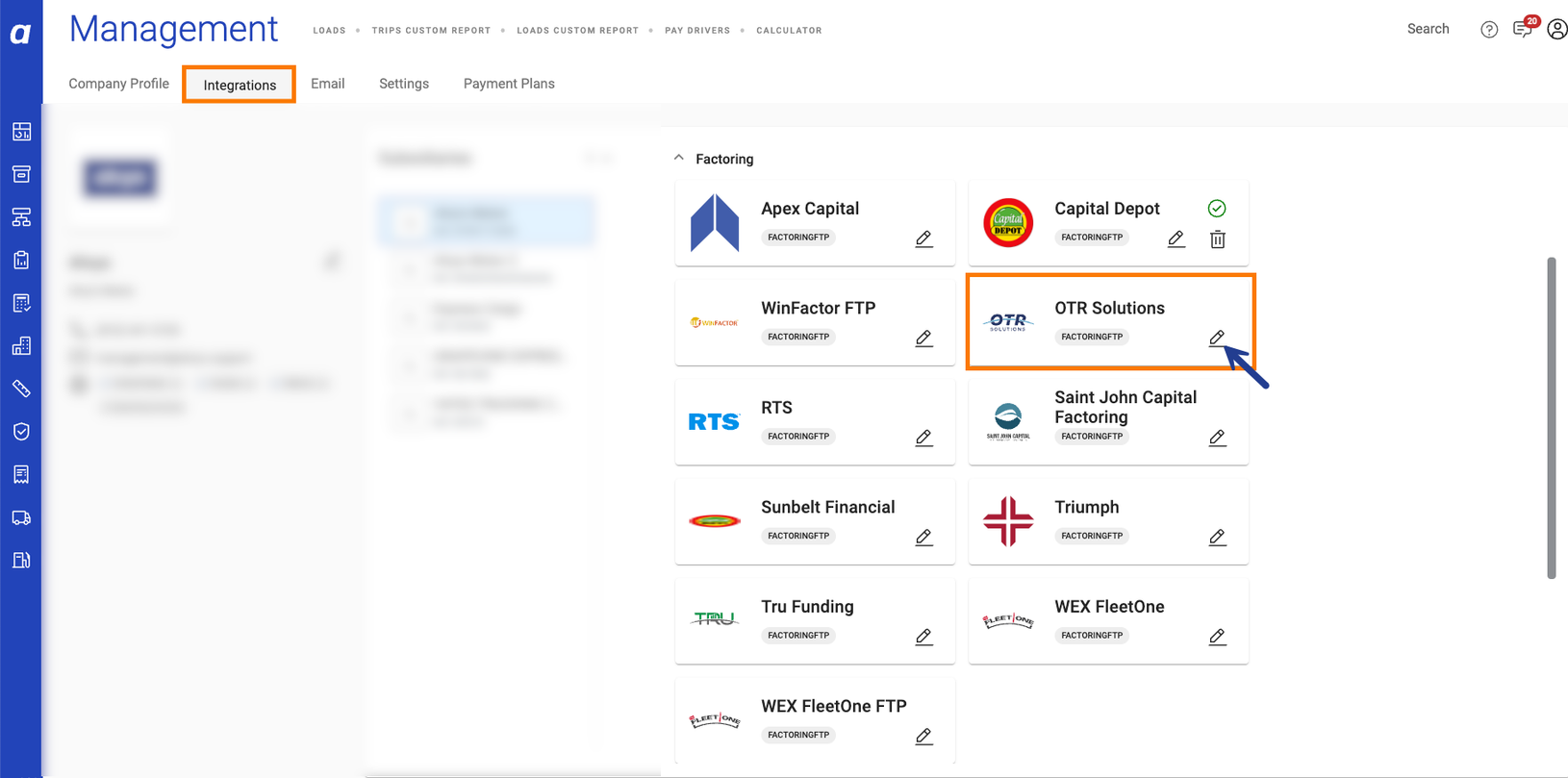 Factoring section expanded in Integrations with the OTR Solutions pencil icon