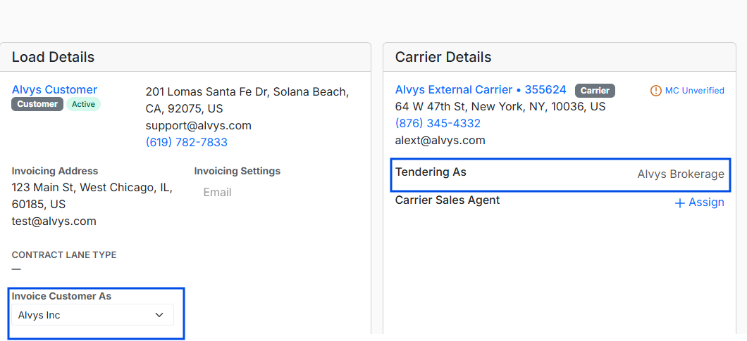 Image showing Invoice as and Tendering As fields on load details page