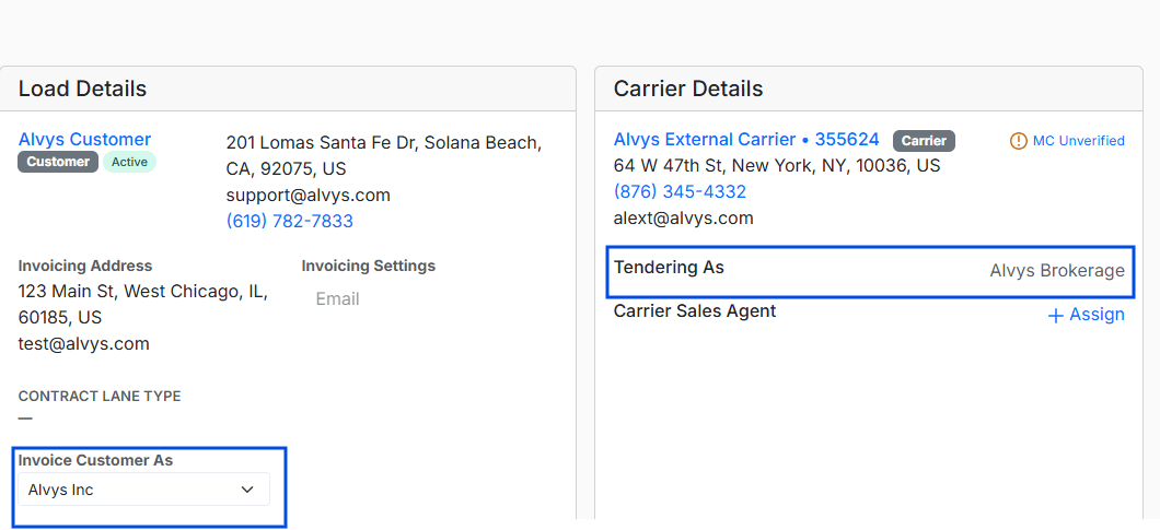 Image showing Invoice as and Tendering As fields on load details page