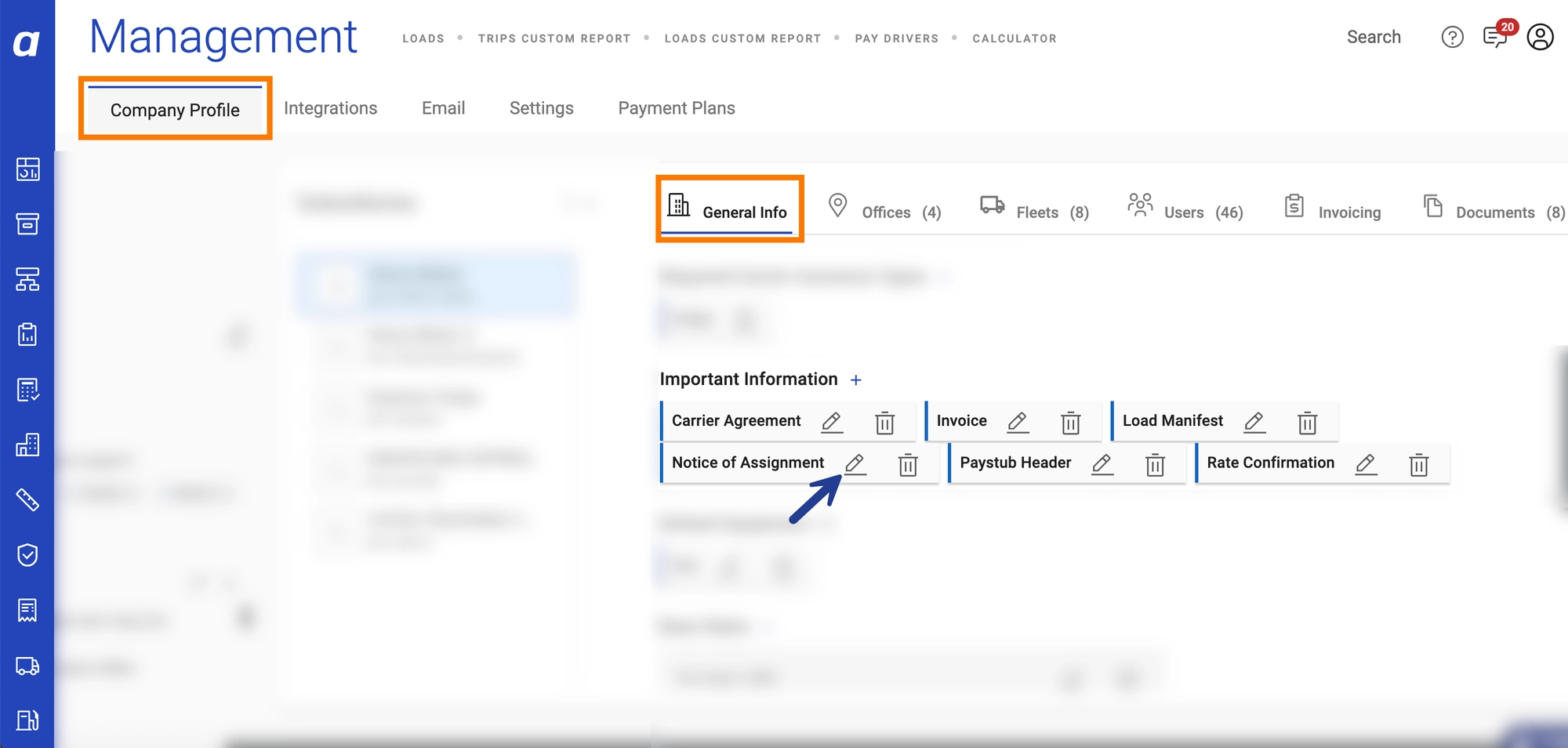 Company Profile General Info tab showing Important Information section with (+) button