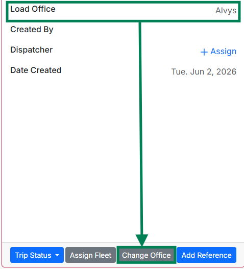 Image showing the Load office on the load details page with the change office button highlighted