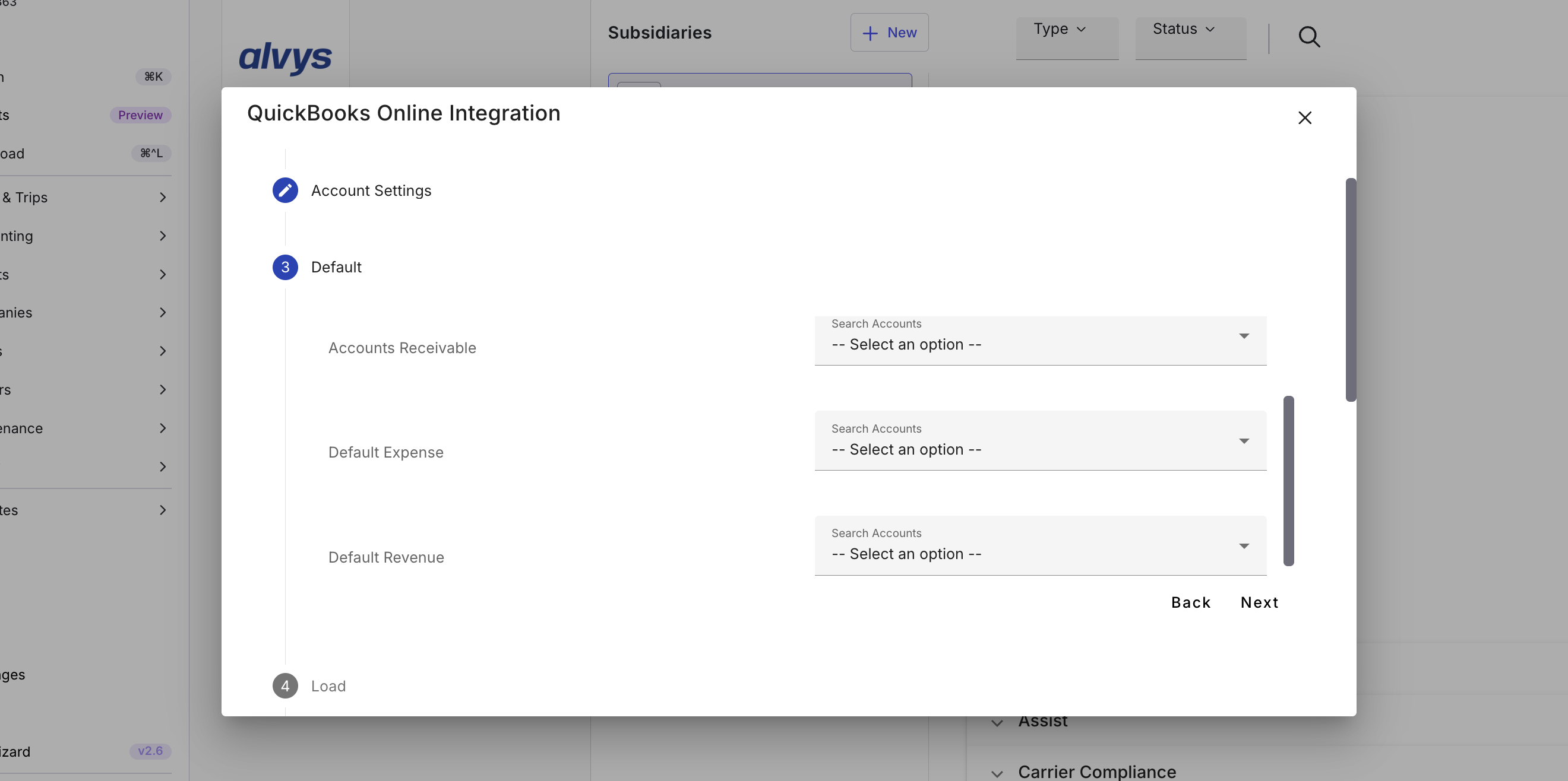 Screenshot showing the default Revenue account and Accounts Receivable mapping fields in Alvys QBO settings.