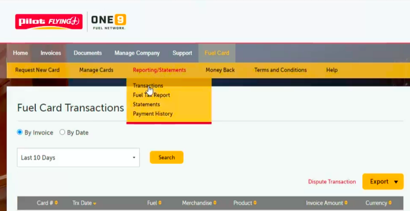 Pilot portal: Fuel Card > Reporting/Statements > Transactions