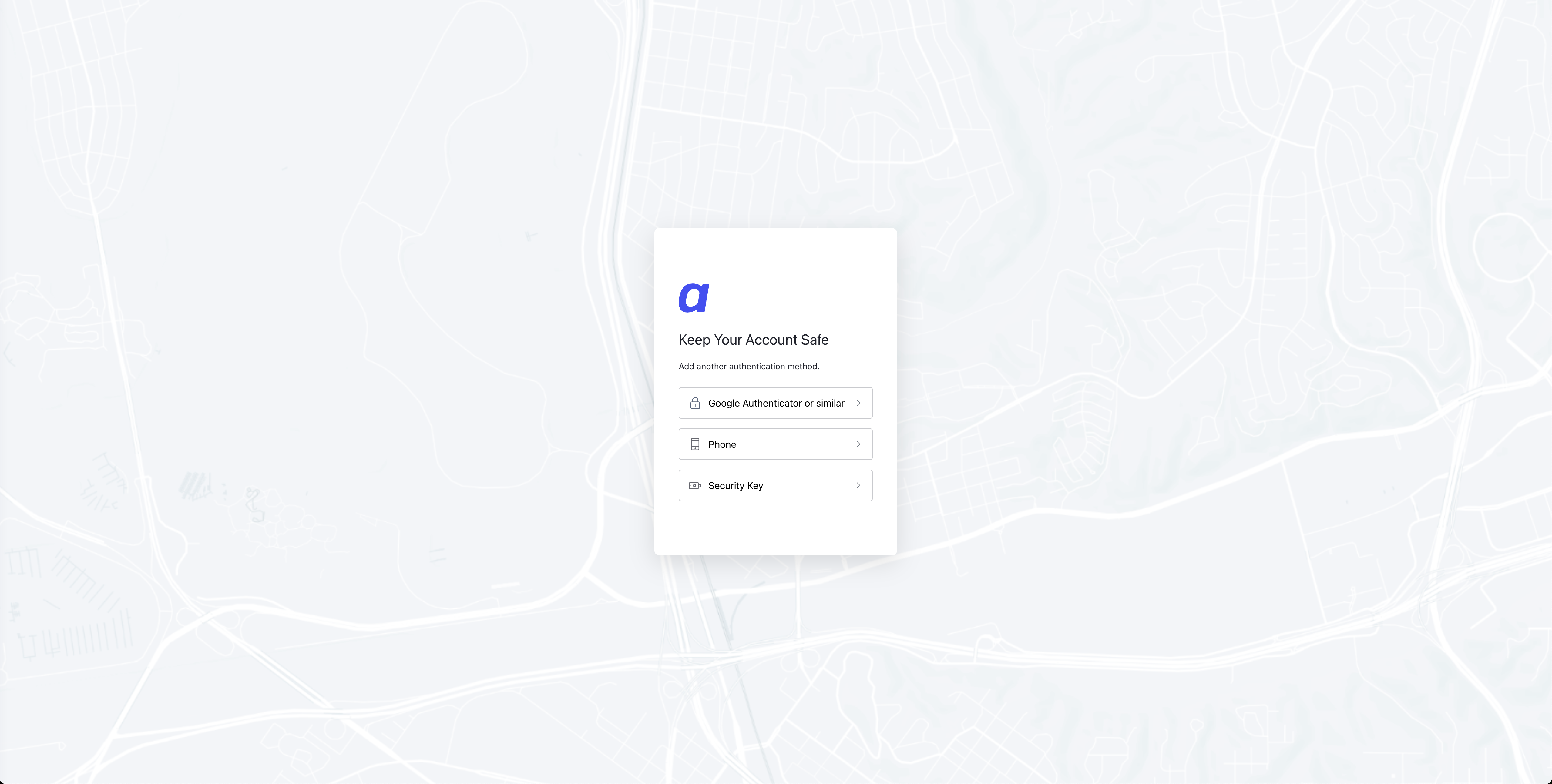 Pantalla que muestra el paso de selección de métodos con Authenticator App, Phone (SMS) y opciones de clave de seguridad