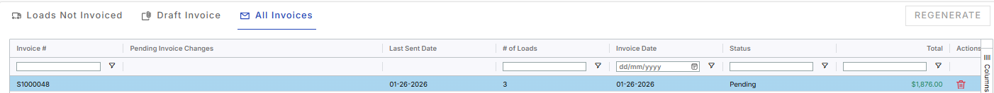 Displays the 'All Invoices' log tracking summary invoice S1000048 in a Pending status state.