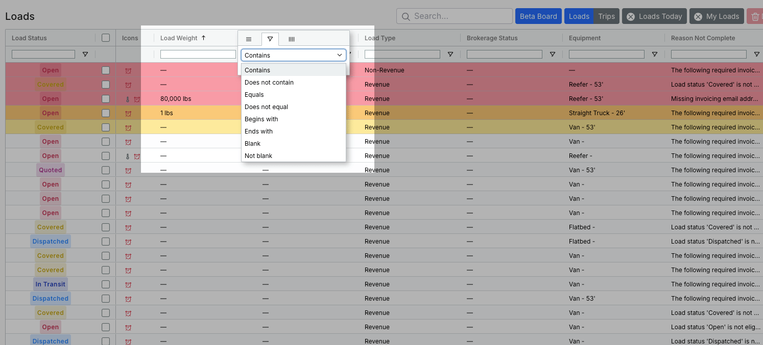 Column filter menu with filter method options
