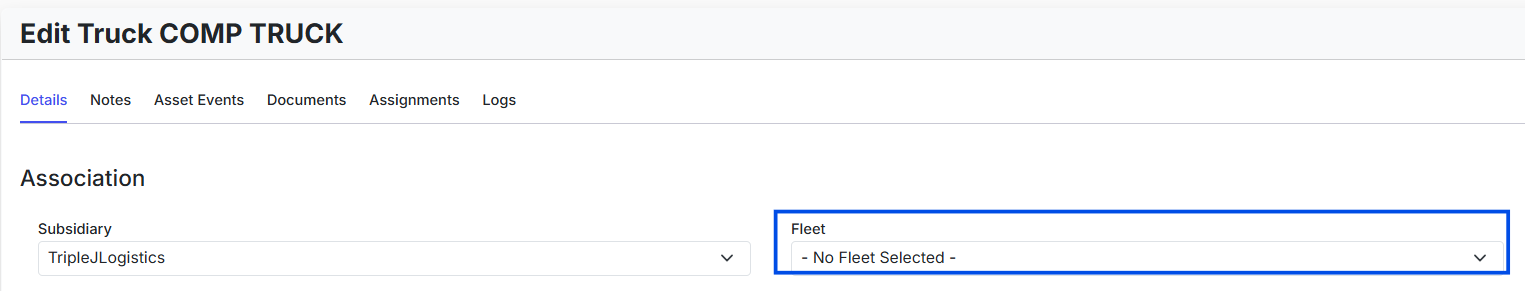 Image showing sample truck profile with “Fleet” input field