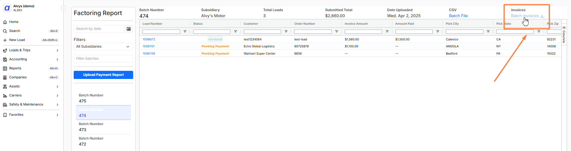 Reports > Factoring page with the Upload Purchase Report button visible