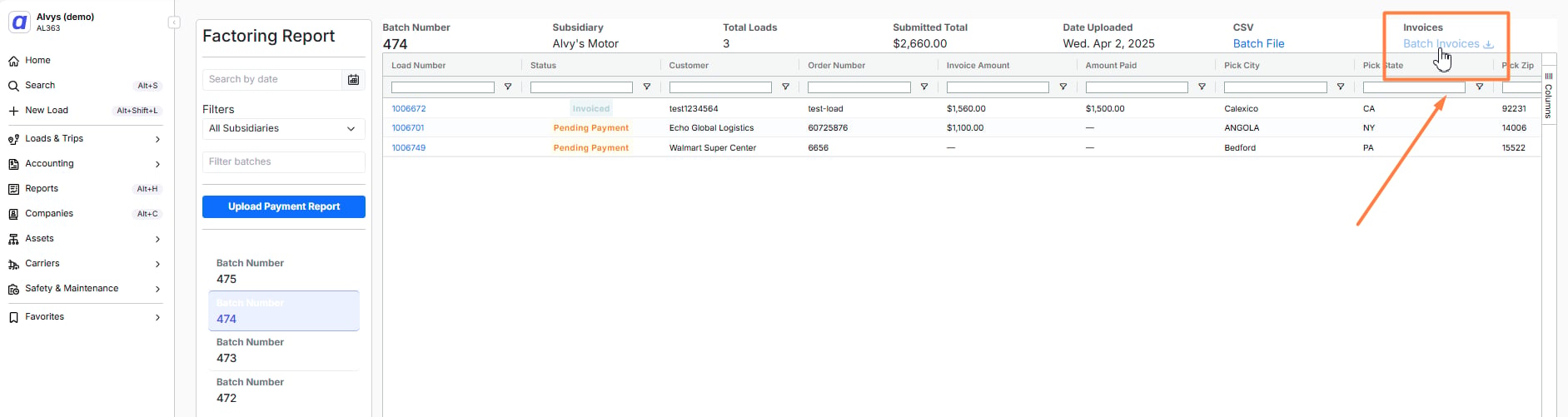 Reports > Factoring page with the Upload Purchase Report button visible