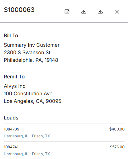 Shows a generated summary invoice document (S1000063) consolidating multiple line-item loads into a single statement.
