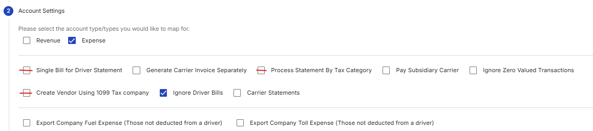 Shows Step 2 (Account Settings) with the Ignore Driver Bills toggle checked under the Expense configuration options.