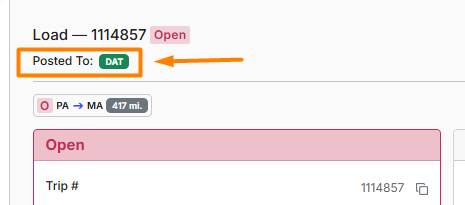 'Posted To: DAT' label and DAT icon on the load board.