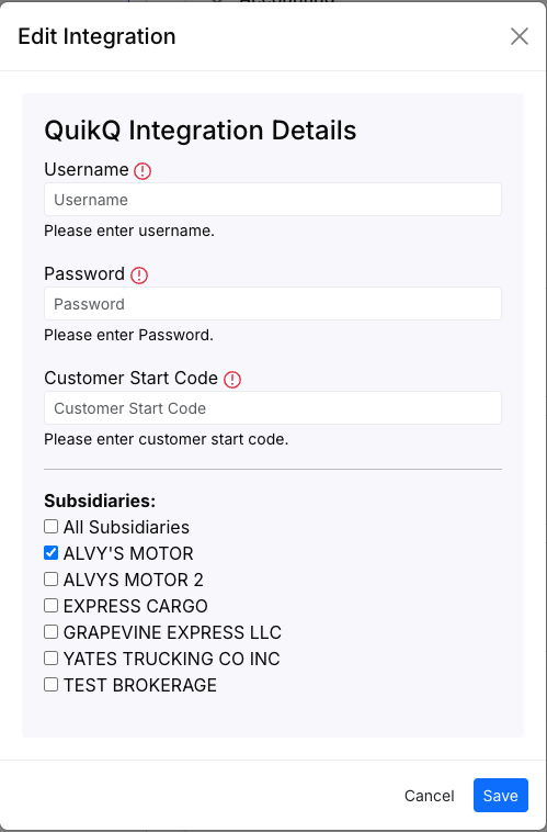 This image shows the QuikQ/Love's credentials form with fields for Start Code, Username, and Password.