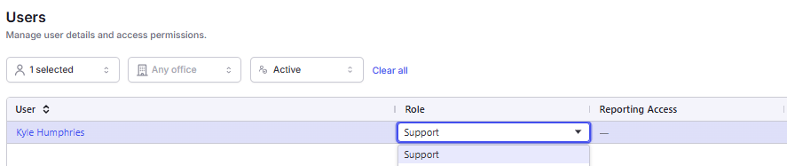 Screenshot of the Admin role in Settings, Organization, Users.