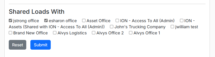 Screenshot showing the Data Sharing configuration panel on an office, with other offices listed for selection
