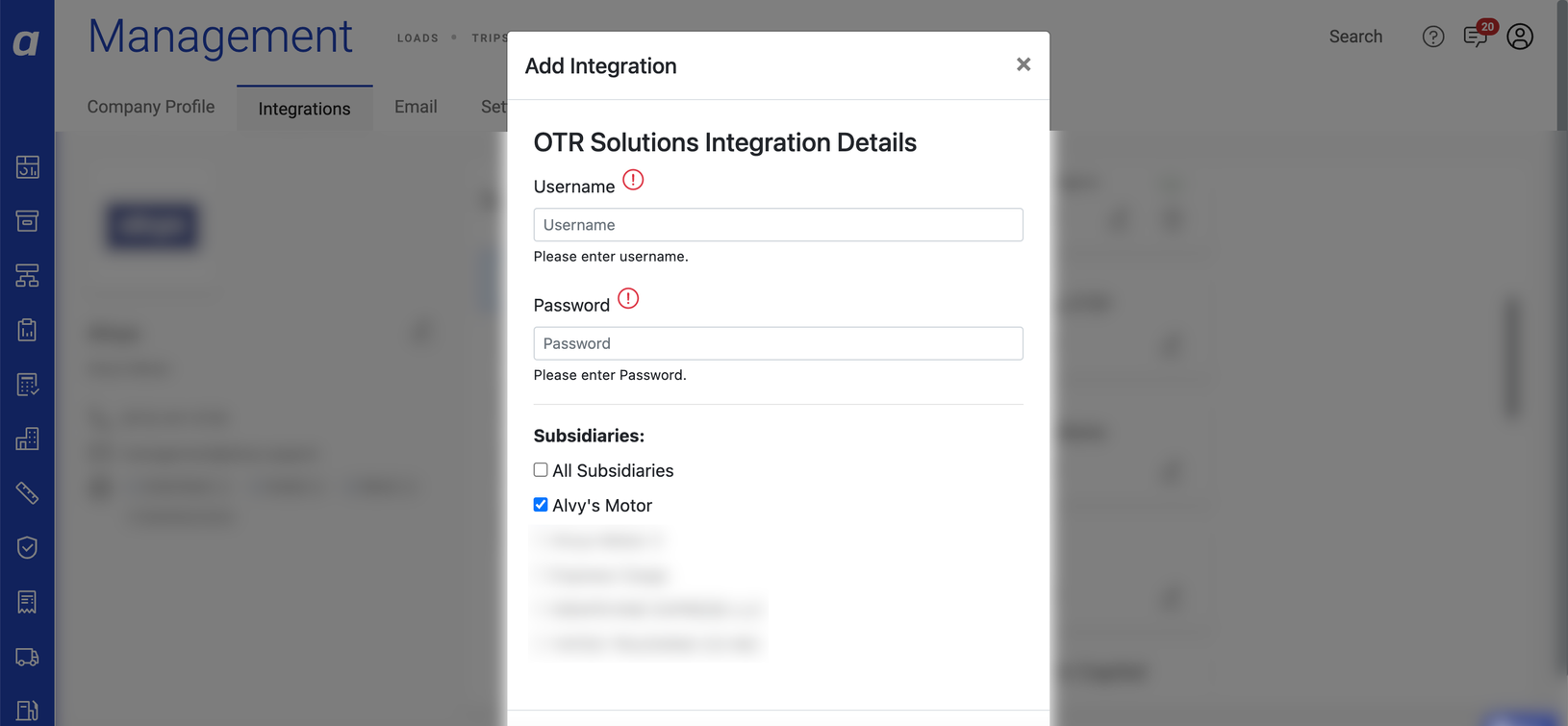 Credential entry fields for the OTR Solutions integration