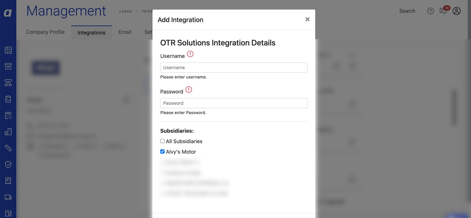 Credential entry fields for the OTR Solutions integration