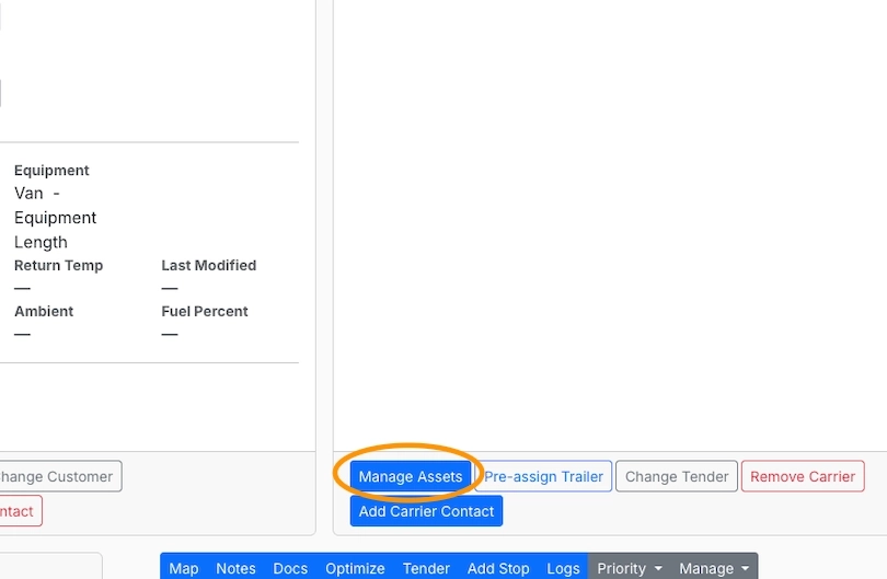 The Carrier Details panel with the 'Manage Assets' button visible in the bottom left corner.