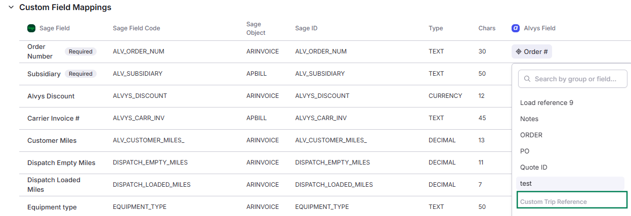 Features an open 'Alvys Field' dropdown column on the far right, with a green box highlighting the selection of Custom Trip Reference.