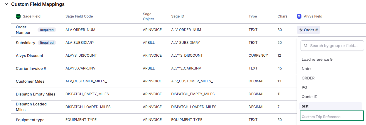 Features an open 'Alvys Field' dropdown column on the far right, with a green box highlighting the selection of Custom Trip Reference.