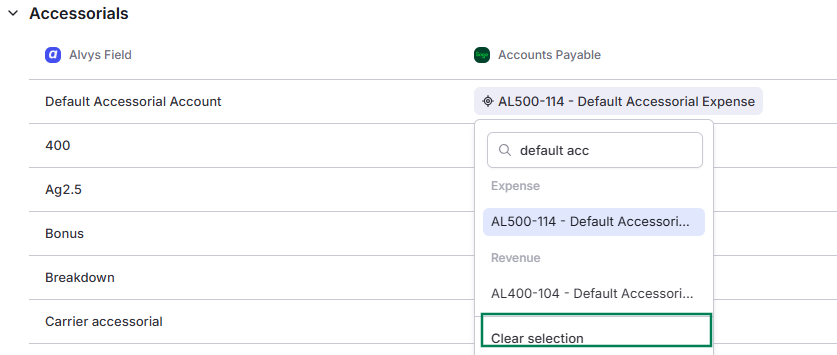 Image showing expanded account category wth “Clear Selection” option