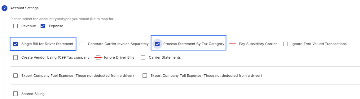 Features blue boxes highlighting both Single Bill for Driver Statement and Process Statement By Tax Category enabled concurrently under Expense settings.